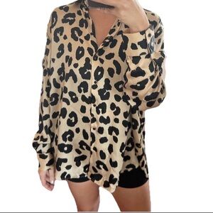 Zara Leopard Print Satin Button-Down Shirt - Beige & Black